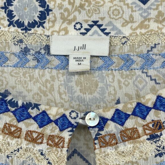 J.JILL Blouse M Boho Tasseled Tunic Embroidered Keyhole Neck 3/4 Sleeve Beige - Picture 4 of 12